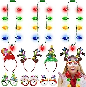 9 PCS Christmas Party Favors, Light Up Christmas Necklace Headband Glasses, Christmas Bulb Necklace Antler Tree LED Flashing Headpiece Lights Glow Eyeglasses