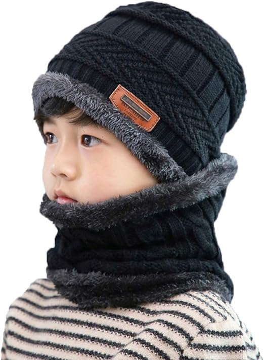 XYIYI Kids Winter Hat and Scarf Set, 2Pcs Warm Knit Beanie Cap and Scarf for 5-14 Years Old