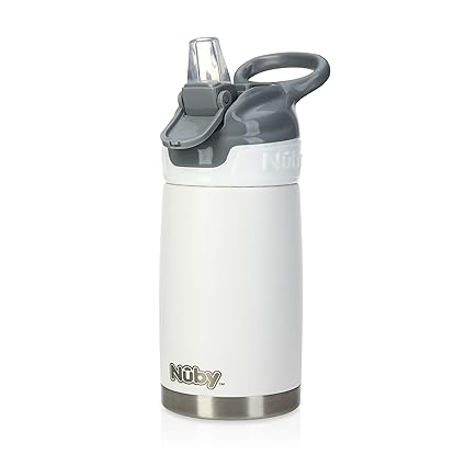 Nuby Thirsty Kids No Spill Flip-It Reflex Stainless Steel Travel Cup, 10 Oz, White