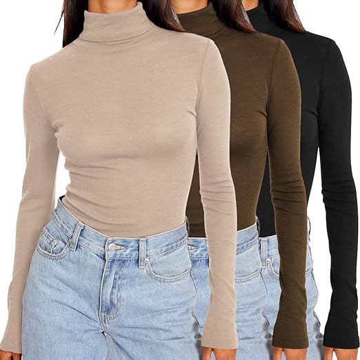 SUNBS Womens 3 Piece Turtleneck Long Sleeve Shirts Mock Neck Fall Fashion 2023 Slim Fit Winter Thermal Underwear Tops