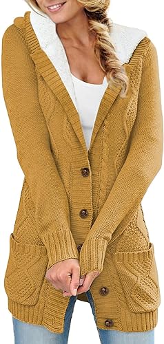 Sidefeel Women Hooded Fleece Lined Sweater Cardigan Button Down Front Winter Coat