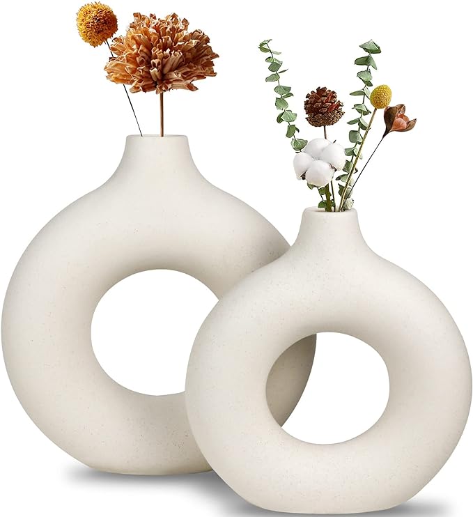 White Ceramic Vase, Modern Vase for Minimalist Decor, Hollow Round Matte Pampas Flower Vases