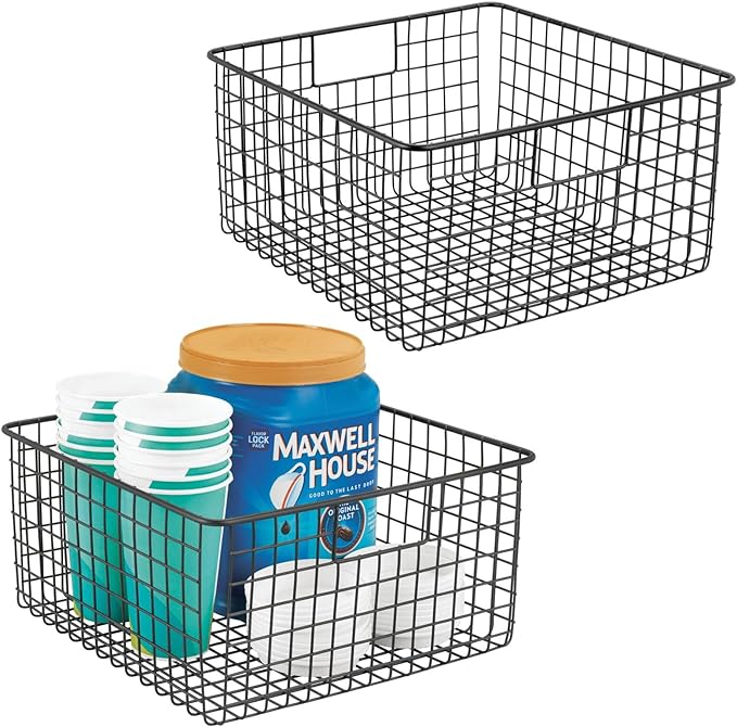 mDesign Metal Wire Food Storage Basket Organizer with Handles for Organizing Kitchen Cabinets, Pantry Shelf, Bathroom, Laundry Room, Closets, Garage - Concerto Collection - 2 Pack - Black