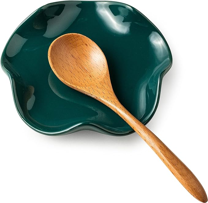 Miamolo Ceramic Spoon Rest for Kitchen Counter, Spoon Holder for Stove Top, Cooking Utensil Holder, Cute Flatware Rests for Housewarming Thanksgiving Gifts, Dark Green