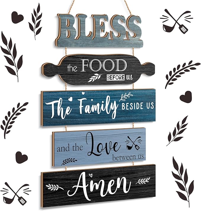 Bless The Food Before Us Sign Farmhouse Kitchen Wall Decor Rustic Dining Room Wall Art Dining Room Decorations Collage Art Wooden Rustic Country Vintage Kitchen Hanging Wood Signs (Blue)