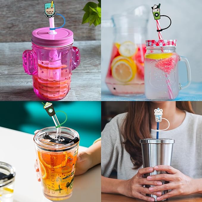 12Pcs Reusable Silicone Straw Covers Cap, Cute Cartoon Drinking Straw Covers for 6-8 mm Straws, Splash Proof Dust Proof Straw Tips Cover Decoration for Home Kitchen Cup Straw Accessories