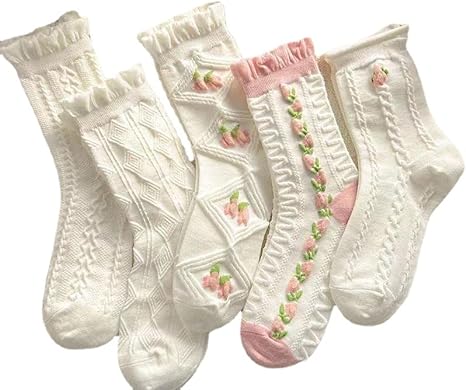 5 Pairs Floral Ruffle Socks Y2K Lolita Aesthetic Embossed Crimped Socks Coquette Ankle Socks Fairycore Accessories