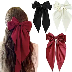 Hair Bows for Women, 3 Pcs Large Hair Ribbon - Bow Hair Clips Coquette Bows Long Tail Tassel, Big Bows Ribbons Hair Barrettes for Girls (Black Bow, Red Bow, Beige Bows)