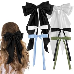 6PCS Hair Ribbon, 4 Small + 2 Large Size Bows for Women with Long Tail Bow Clips, Coquette Bows Hair Accessories(Black,White,Baby Blue,Moss Green+Black, White)